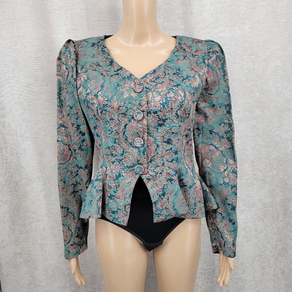 Louisa Nevins Vintage Tapestry Jacquard Floral Peplum Blazer Puffed Sleeve